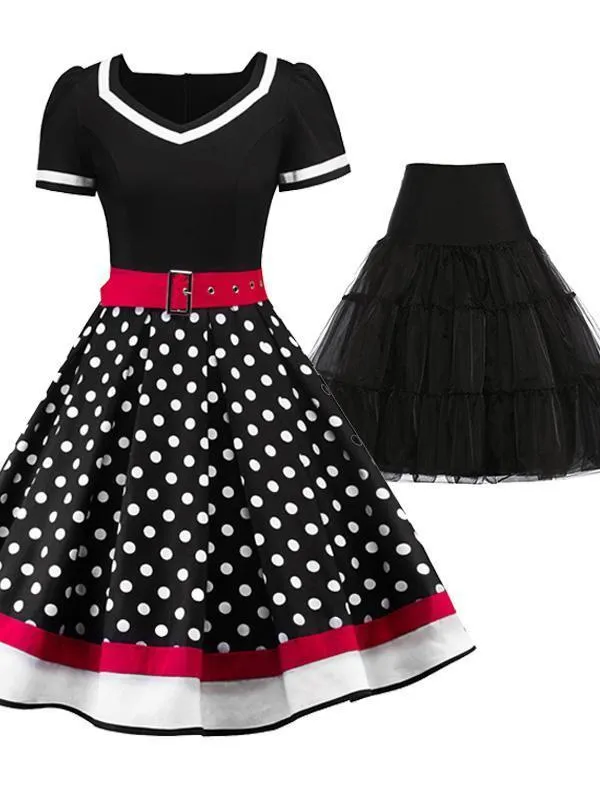 2PCS Top Seller 1950s Polka Dot  Dress & Black Petticoat