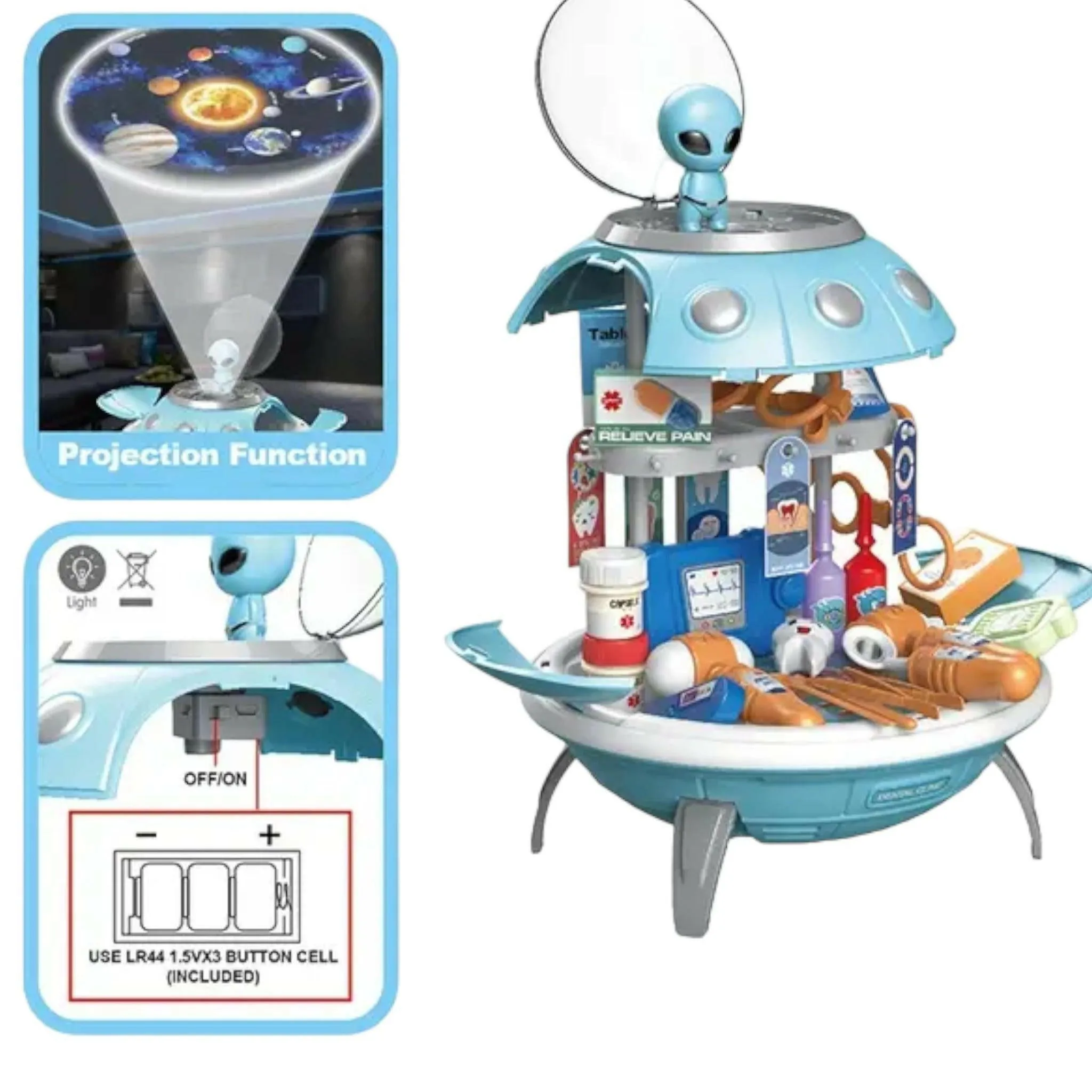 3-in-1 UFO Popup Dentist Pretend Doctor Kit Toy Set Bag With Projector