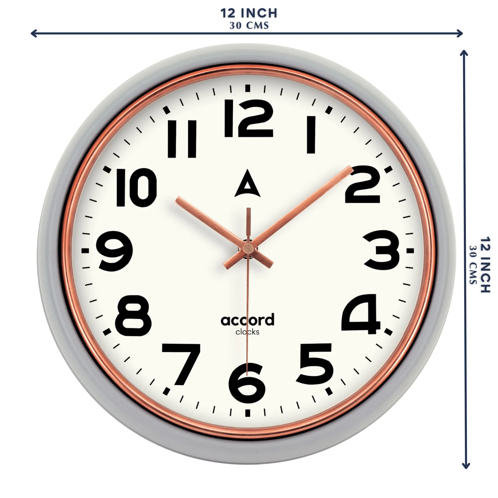 ACCORD CLOCKS Premium Contemporary Wall Clock with Silent Sweep Noiseless Movement - Dual-Tone Grey and Copper Frame - HD Curved Clear Glass Surface - 12 inch / 30.4 cm - Model Bourbon