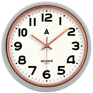 ACCORD CLOCKS Premium Contemporary Wall Clock with Silent Sweep Noiseless Movement - Dual-Tone Grey and Copper Frame - HD Curved Clear Glass Surface - 12 inch / 30.4 cm - Model Bourbon