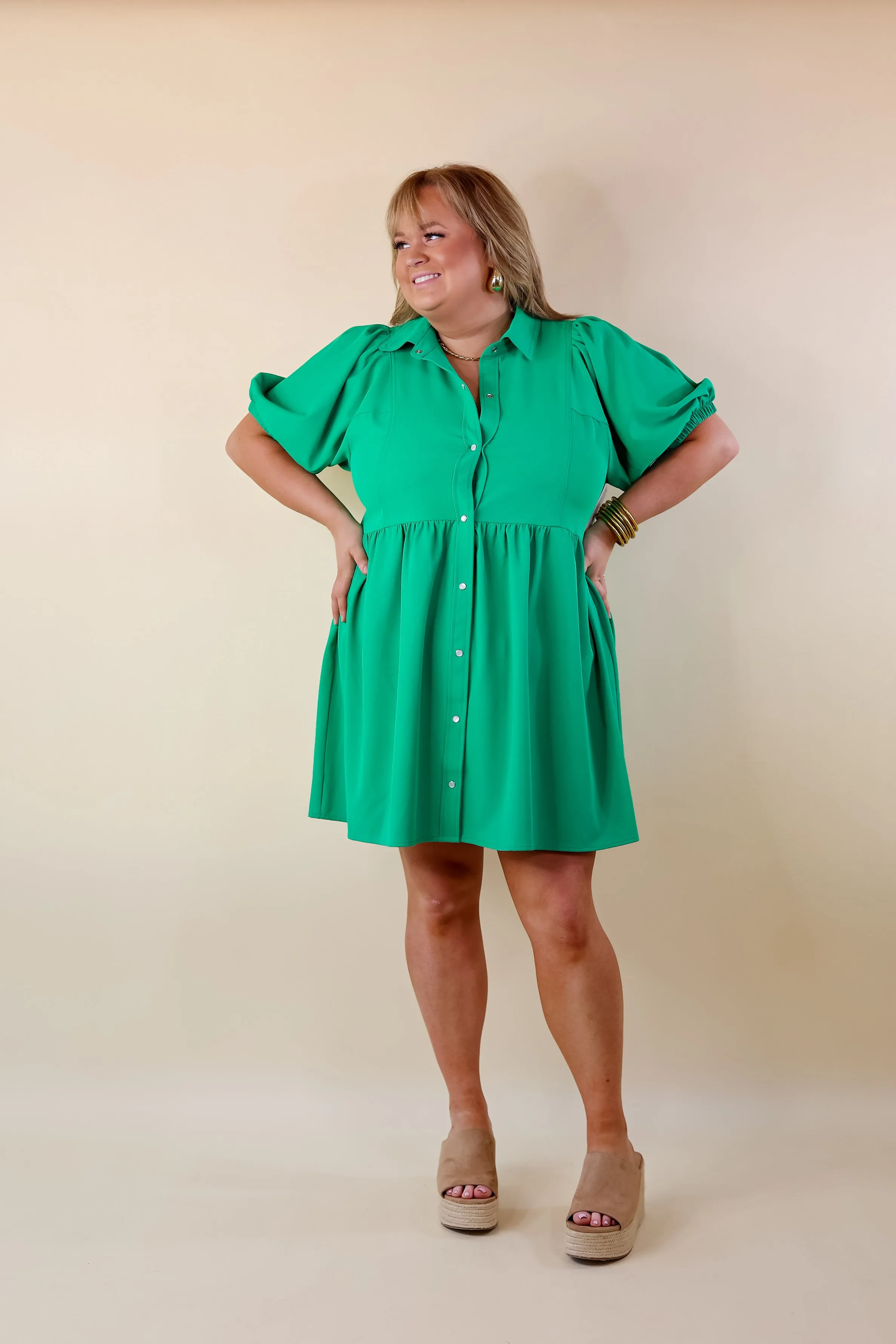 Adventures Ahead Button Up Babydoll Dress in Green