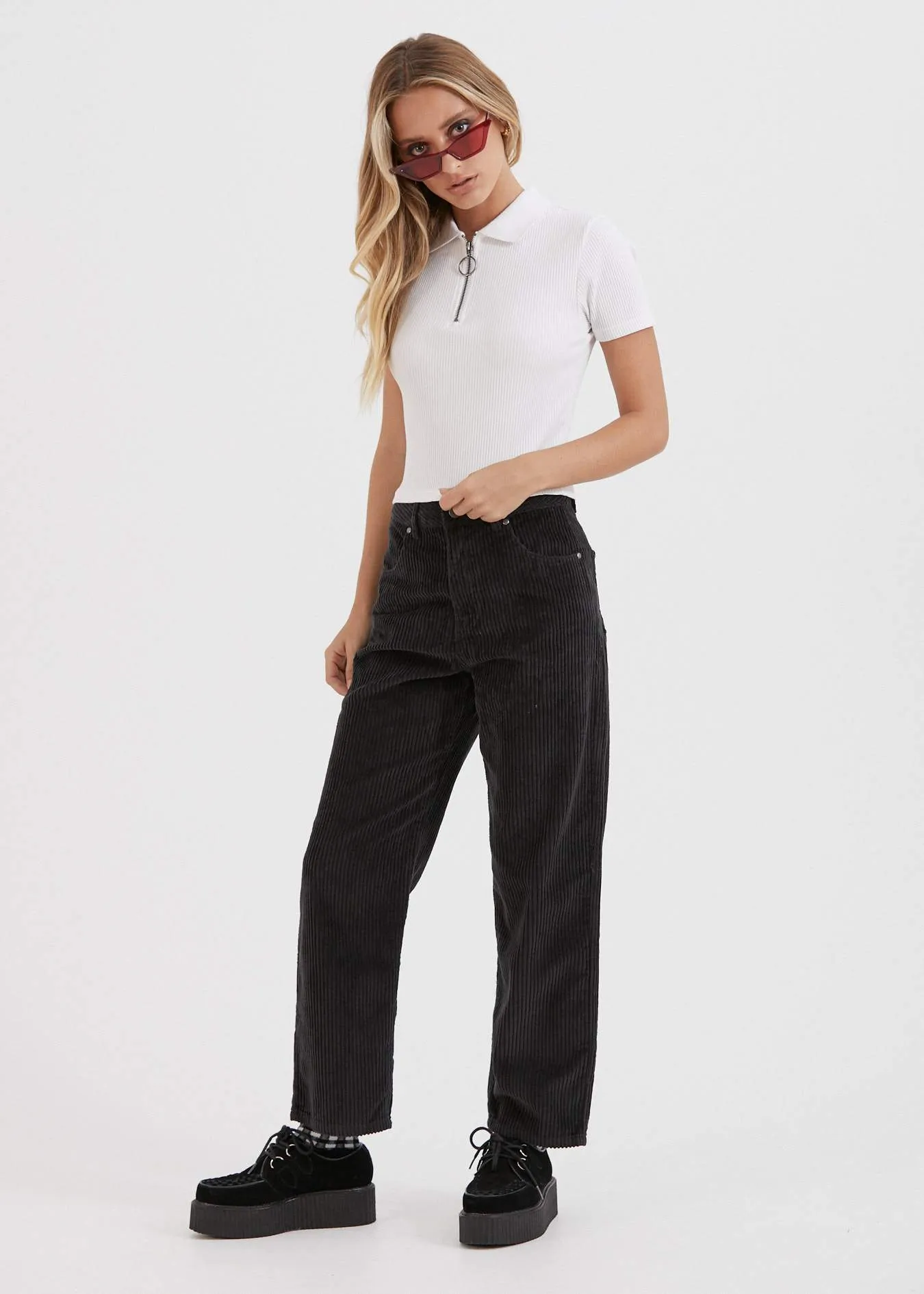 Afends Womens Shelby - Corduroy High Waist Wide Leg Pants - Raven