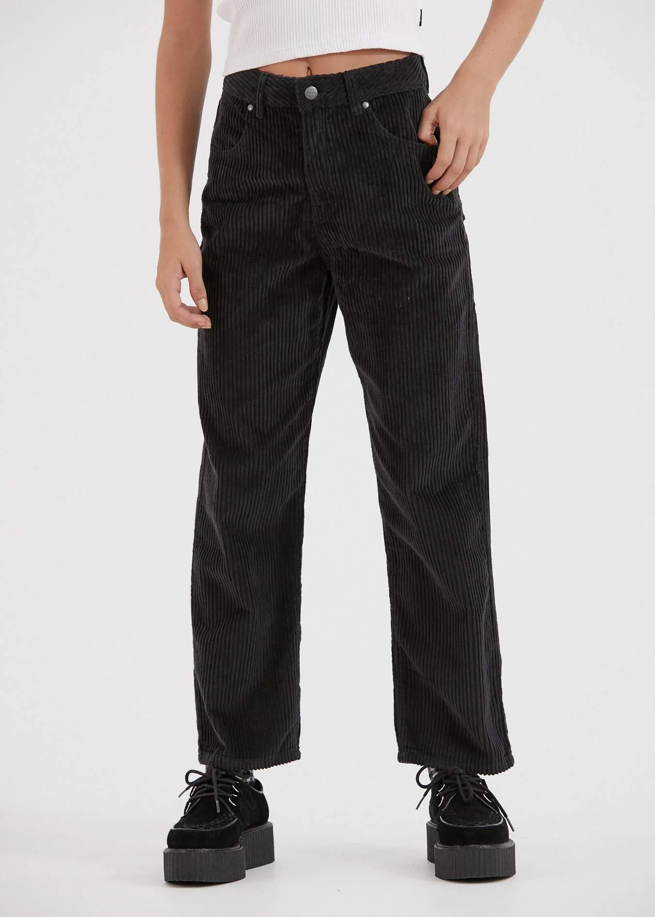 Afends Womens Shelby - Corduroy High Waist Wide Leg Pants - Raven