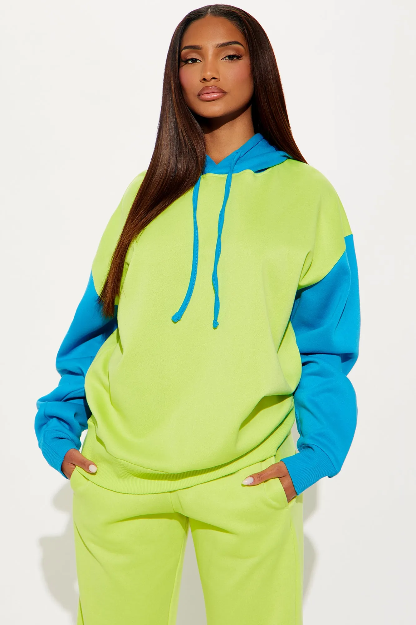 Alina Colorblock Fleece Pant Set - Green/combo