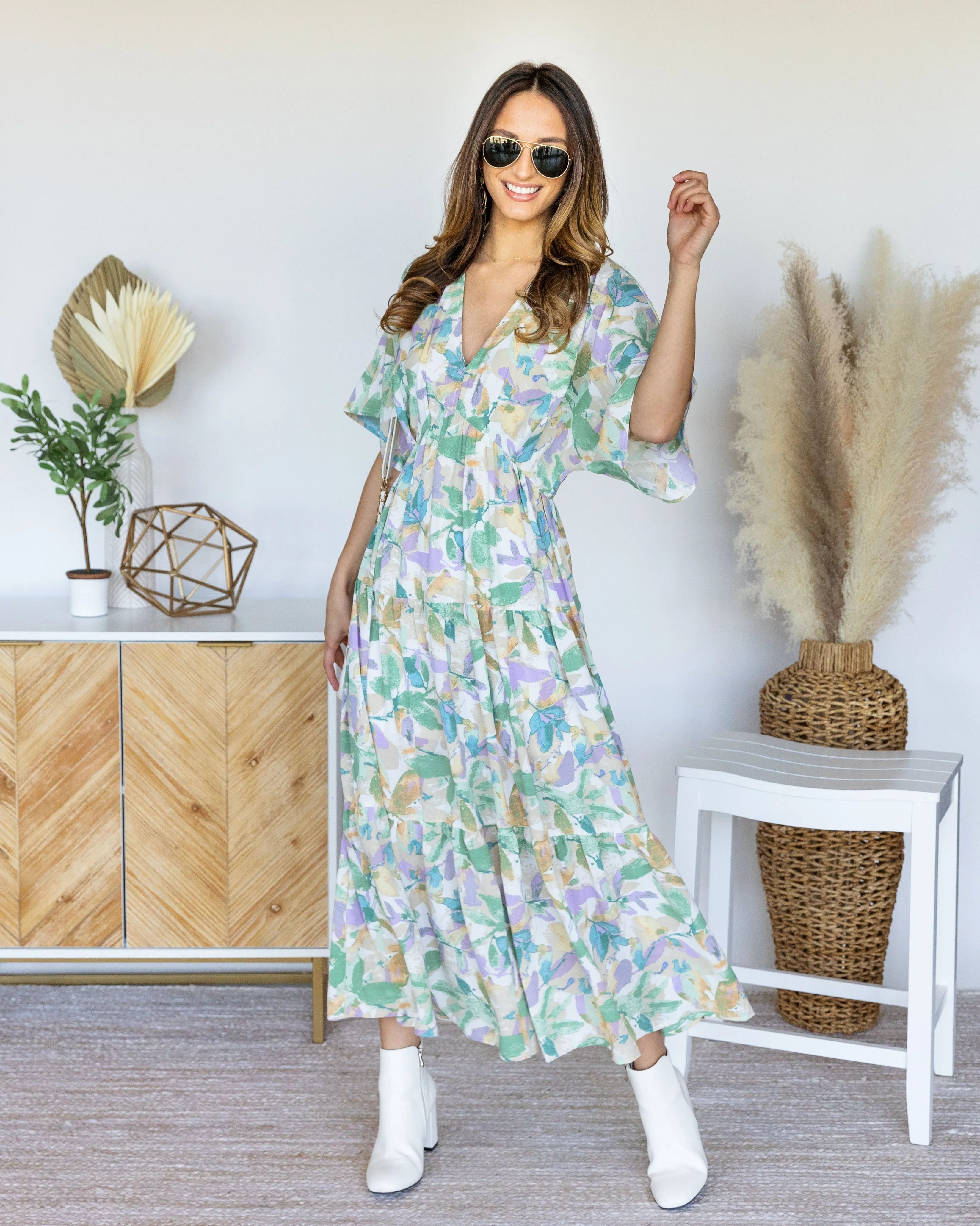 Amber Tiered Ruffle Dress - Sage Multi