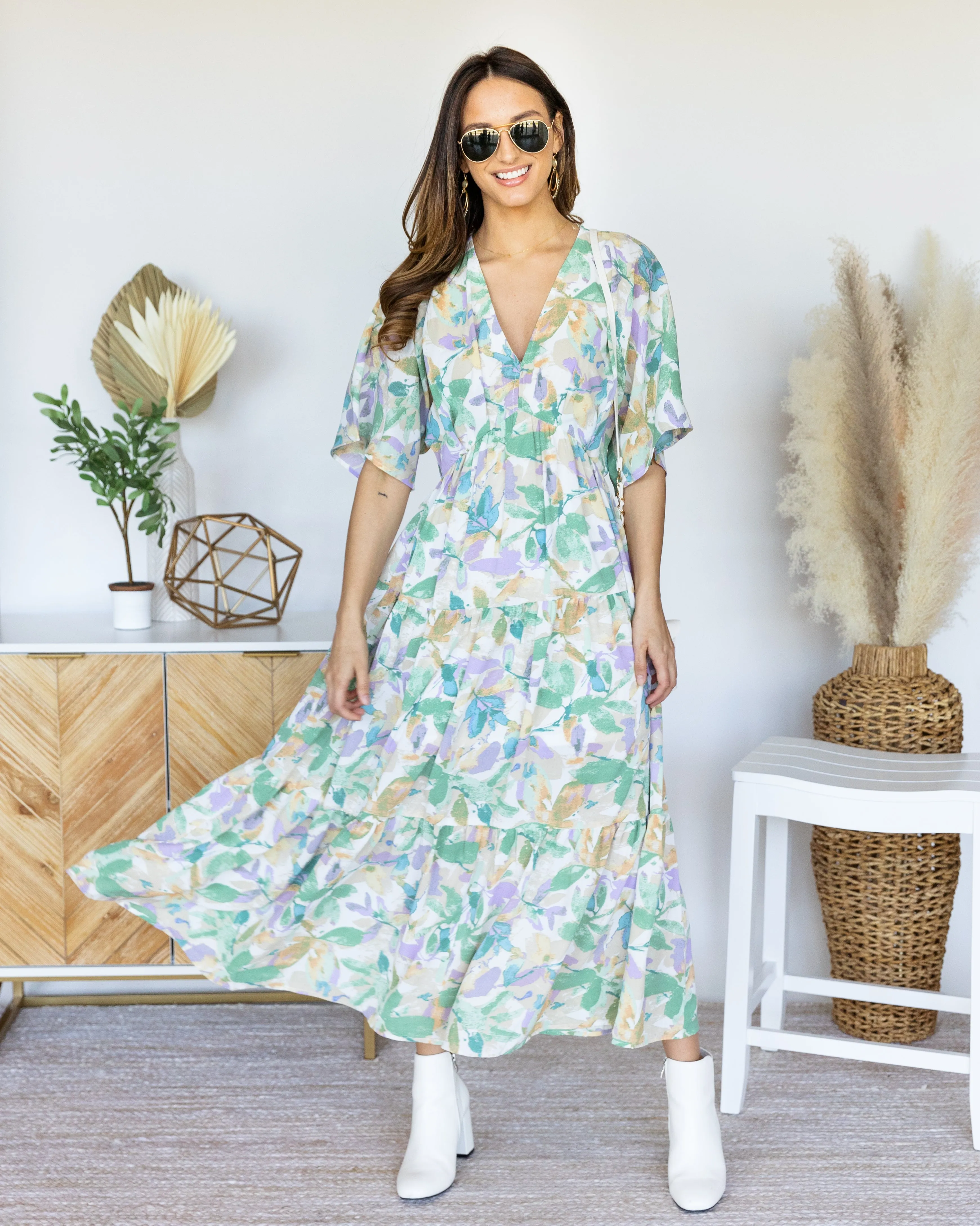 Amber Tiered Ruffle Dress - Sage Multi