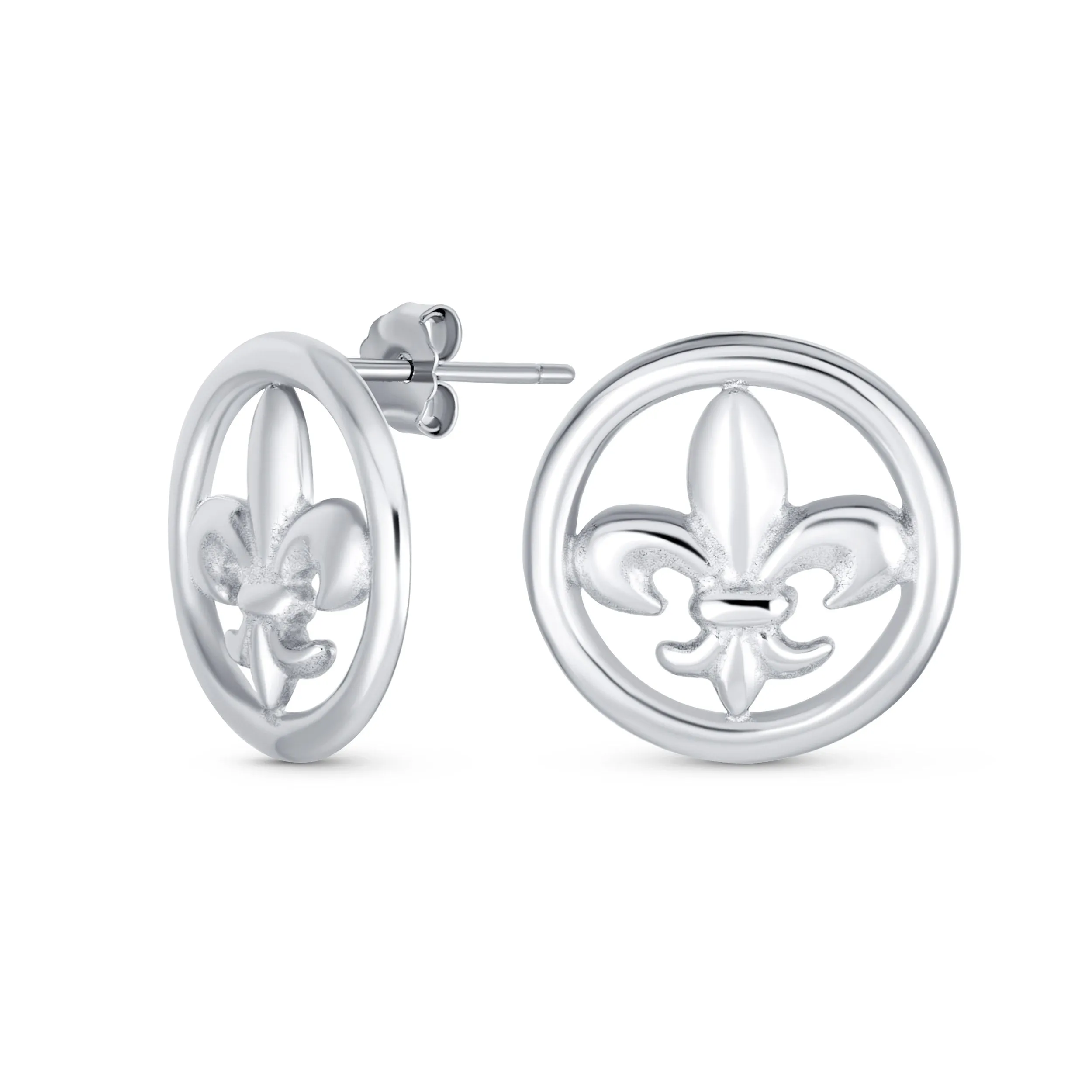 Ancient Symbol Lily Flower Fleur De Lis Stud Earring CZ .925 Sterling Silver