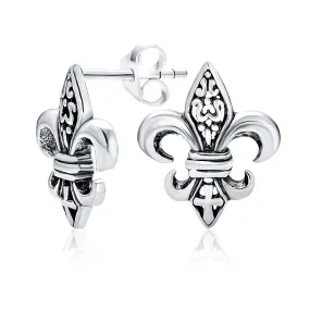 Ancient Symbol Lily Flower Fleur De Lis Stud Earring CZ .925 Sterling Silver