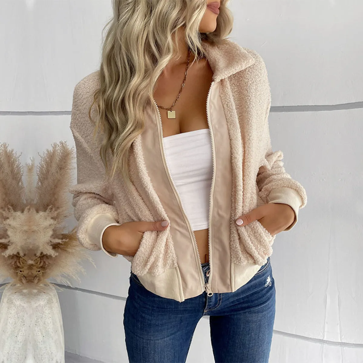 Apricot Collared Neck Sherpa Fleece Zipper Jacket