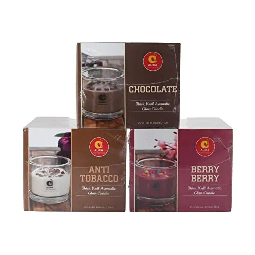 AURA Thick Wall Glass Aromatic Candles - Set of 3 (Berry Berry, Chocolate & Anti Tobacco)