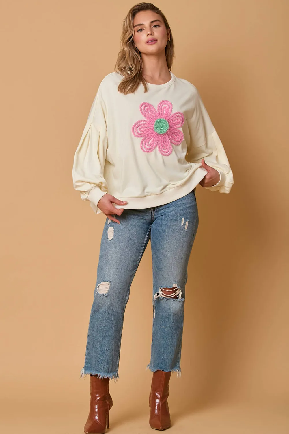 Beige Cute Tinsel Flower Puff Sleeve Sweatshirt