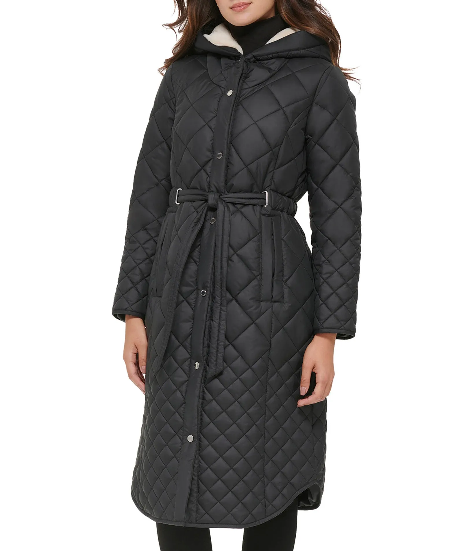 Belted quilted long jacket With Faux Sherpa Lining