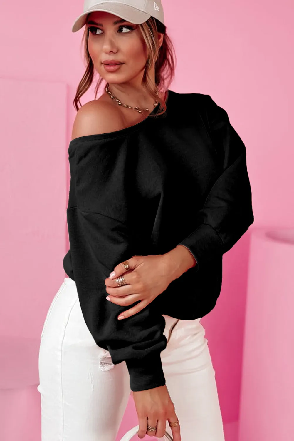 Black Bowknot Plain Round Neck Sweatshirt