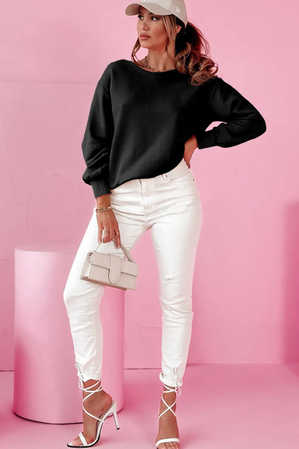 Black Bowknot Plain Round Neck Sweatshirt