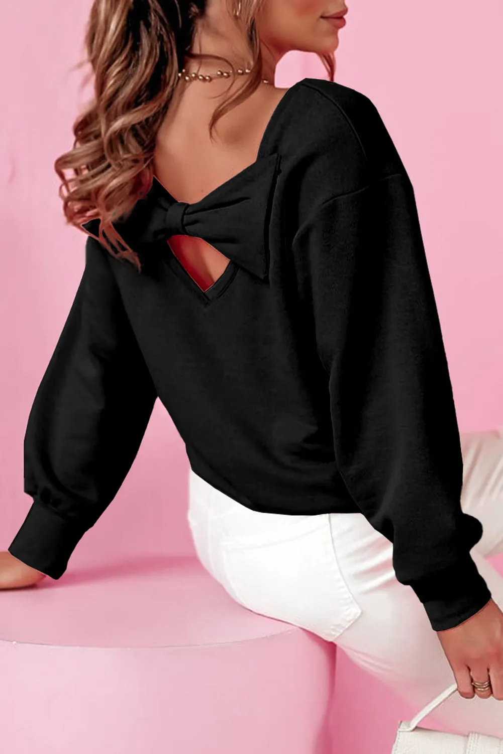 Black Bowknot Plain Round Neck Sweatshirt