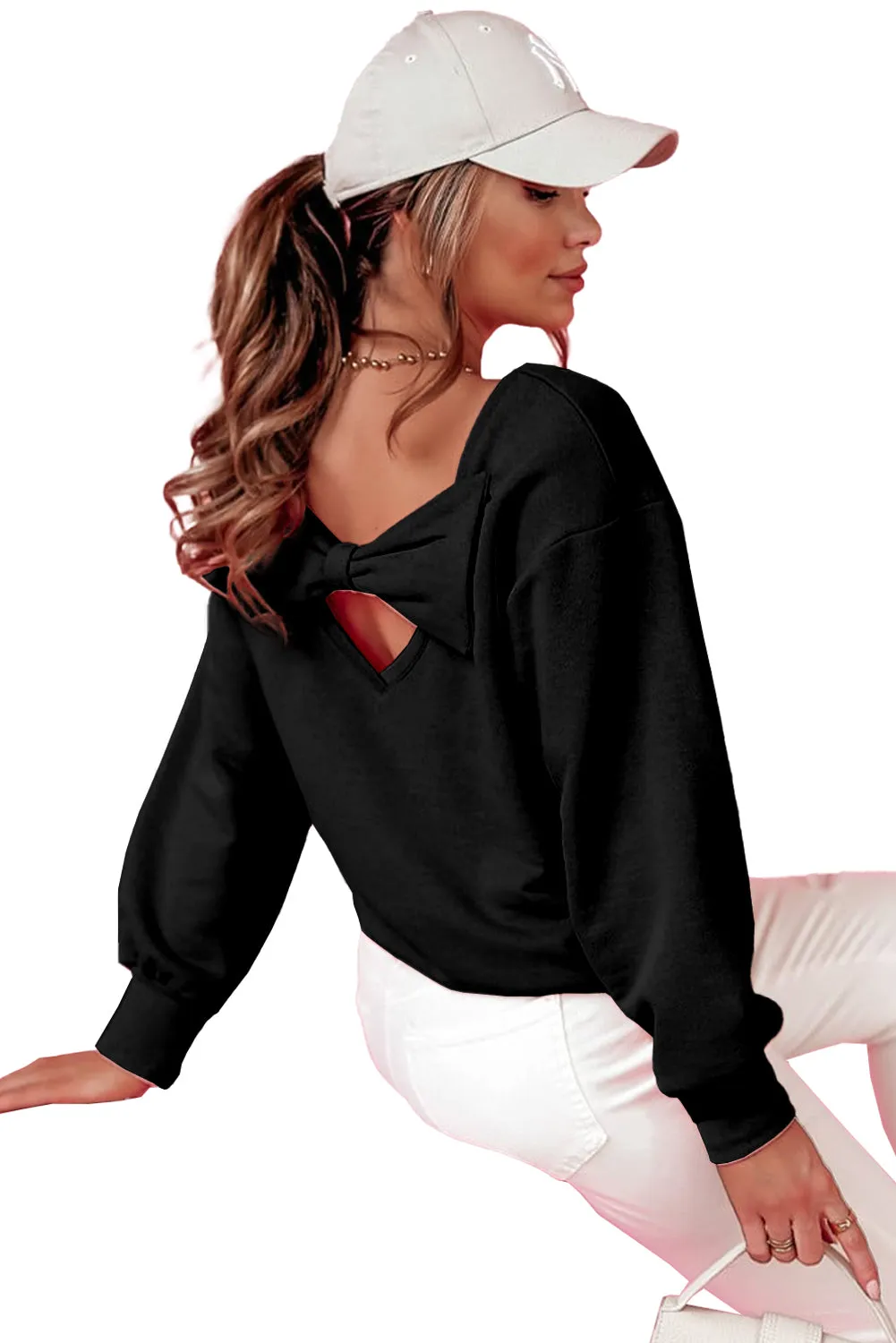 Black Bowknot Plain Round Neck Sweatshirt