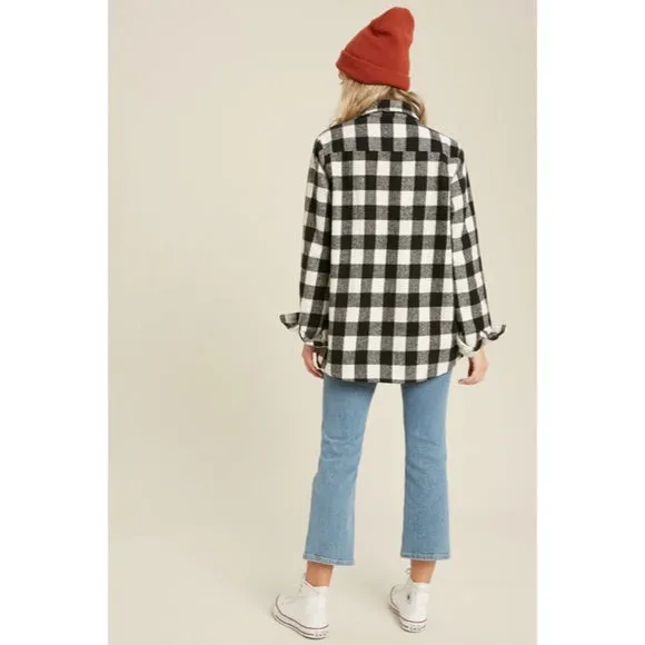 Black Buffalo Plaid Sherpa Lined Shacket Shirt Jacket Womens