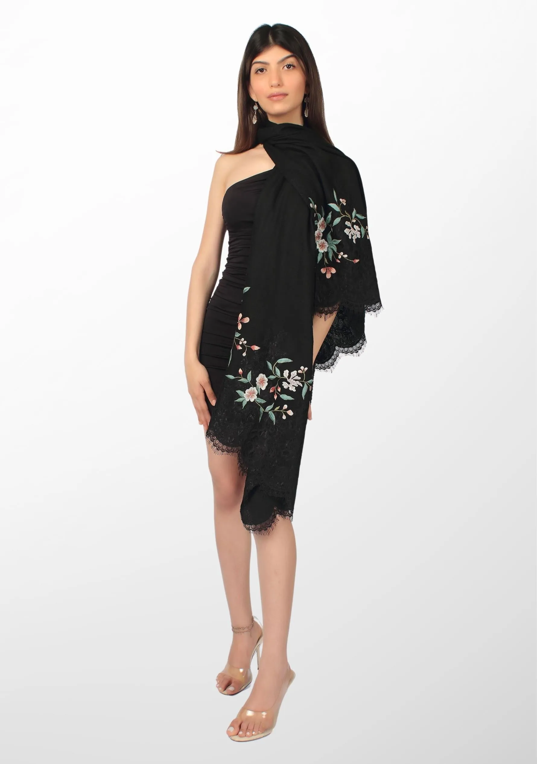 Black Cashmere Scarf with Multi-colored Embroidery and Black Filigree Lace Pallas