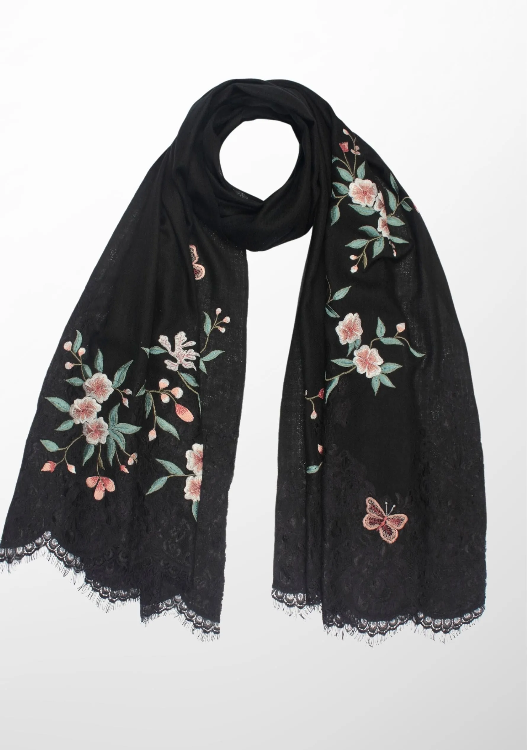 Black Cashmere Scarf with Multi-colored Embroidery and Black Filigree Lace Pallas