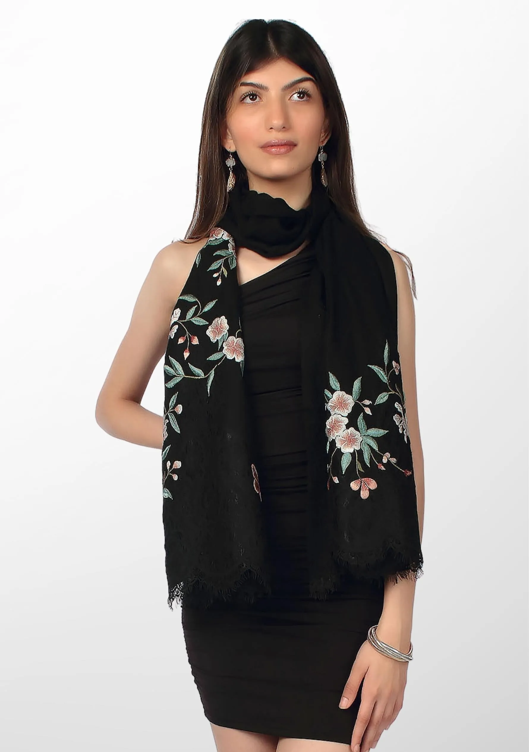 Black Cashmere Scarf with Multi-colored Embroidery and Black Filigree Lace Pallas