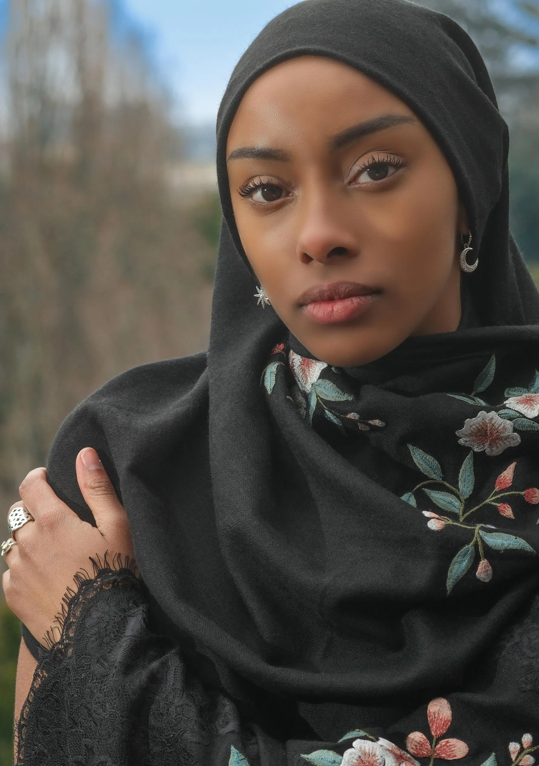 Black Cashmere Scarf with Multi-colored Embroidery and Black Filigree Lace Pallas