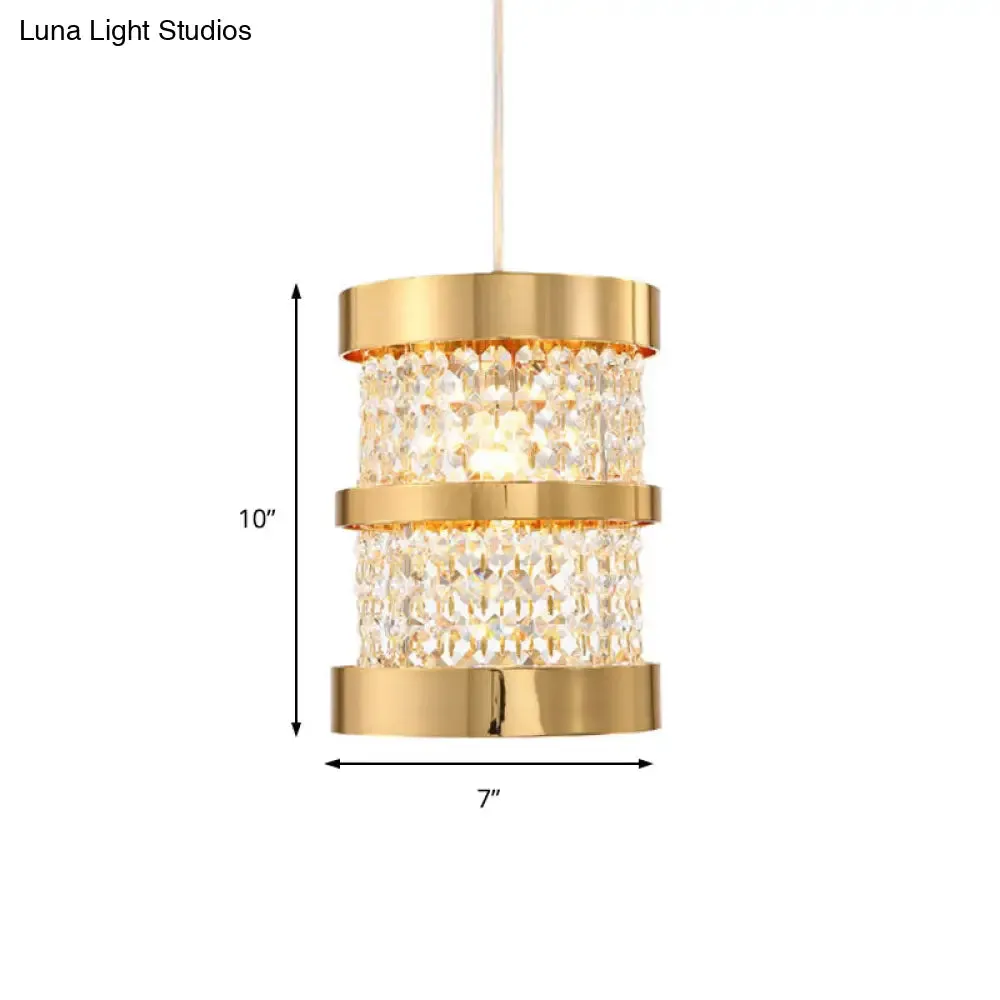 Black/Gold Cylinder Pendant Light: Modern Metal Ceiling Fixture with Crystal Beaded Strand