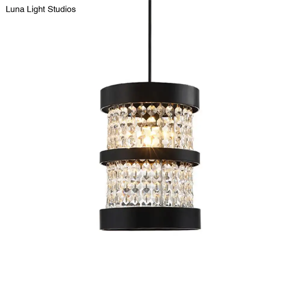 Black/Gold Cylinder Pendant Light: Modern Metal Ceiling Fixture with Crystal Beaded Strand