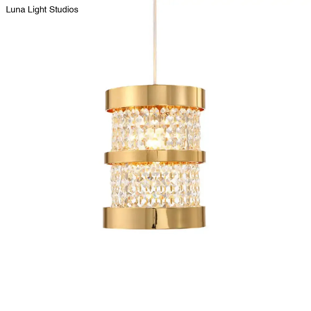 Black/Gold Cylinder Pendant Light: Modern Metal Ceiling Fixture with Crystal Beaded Strand