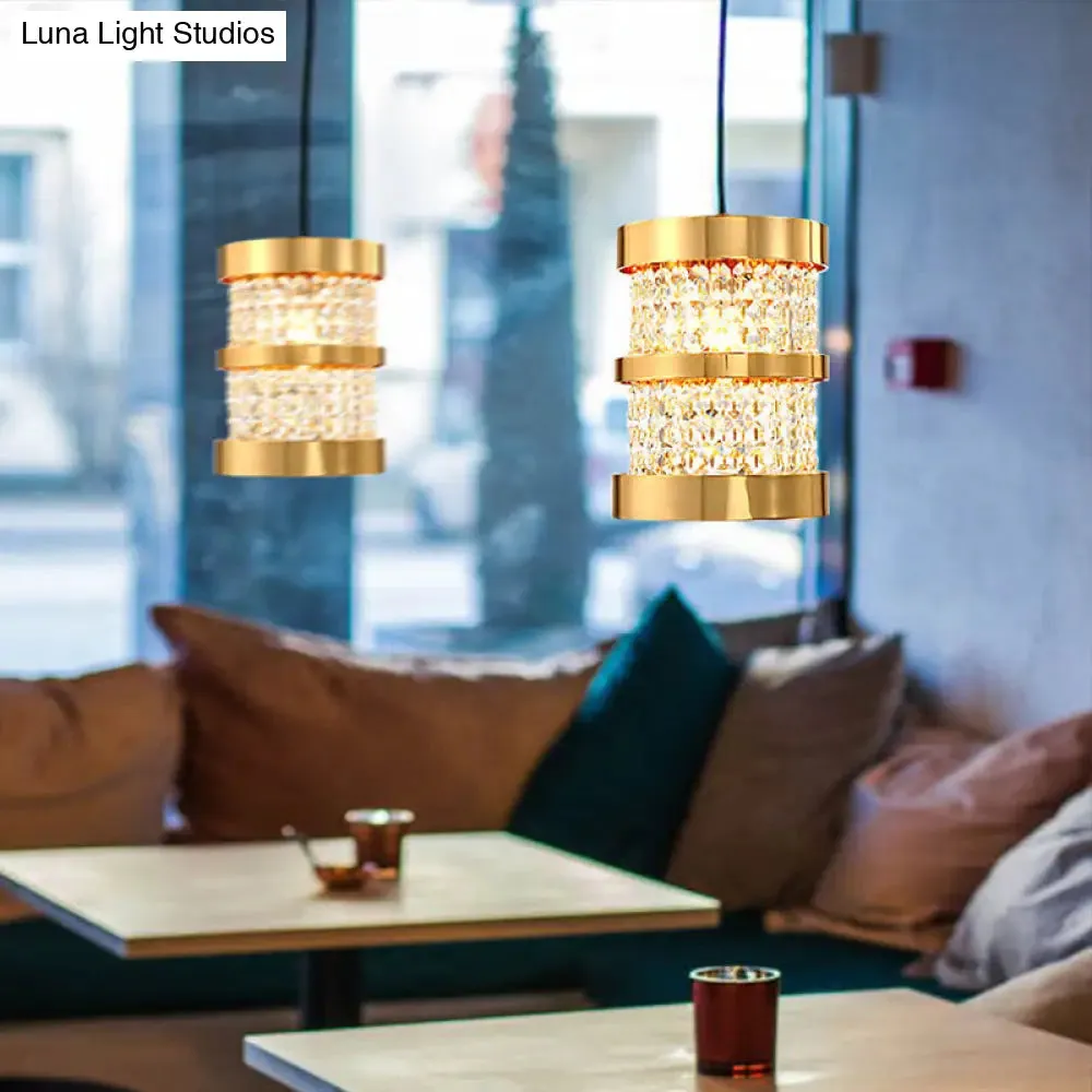 Black/Gold Cylinder Pendant Light: Modern Metal Ceiling Fixture with Crystal Beaded Strand