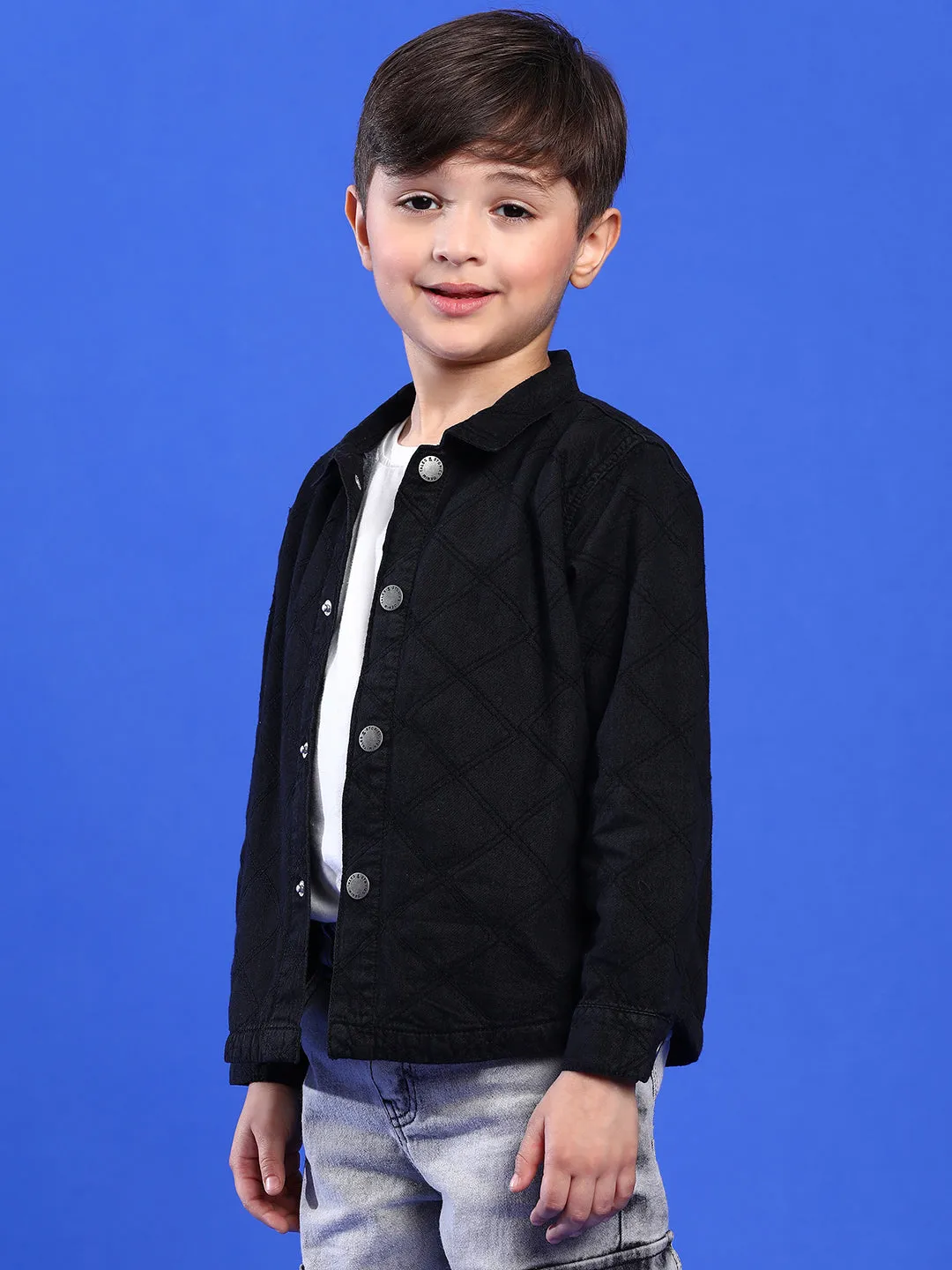 Boys Black Full Sleeves Cotton Embroidered Shacket