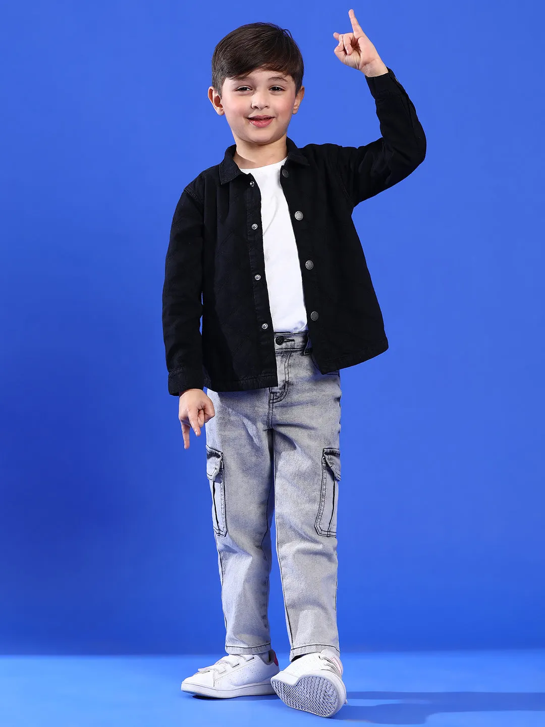 Boys Black Full Sleeves Cotton Embroidered Shacket