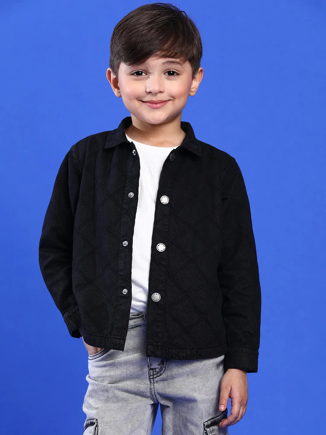 Boys Black Full Sleeves Cotton Embroidered Shacket