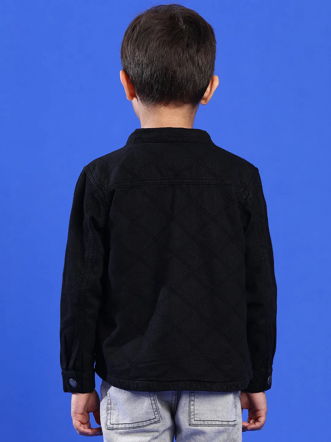 Boys Black Full Sleeves Cotton Embroidered Shacket