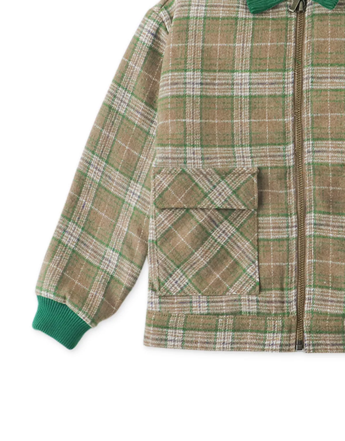 BOYS LEGENDARY BOY EMBROIDERED WOOL CHECKS JACKET WITH SHERPA COLLAR