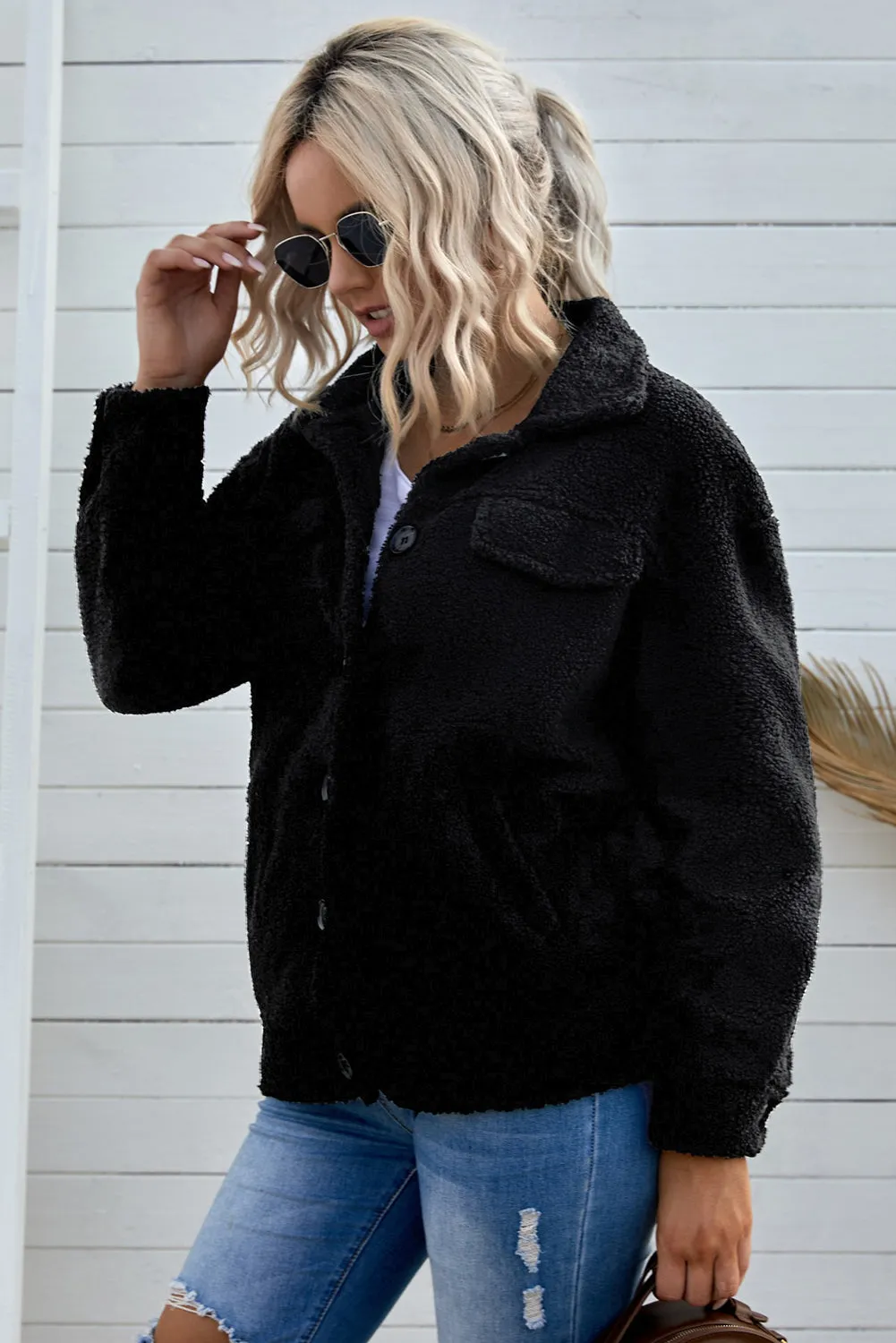 Button Front Drop Shoulder Collared Sherpa Jacket