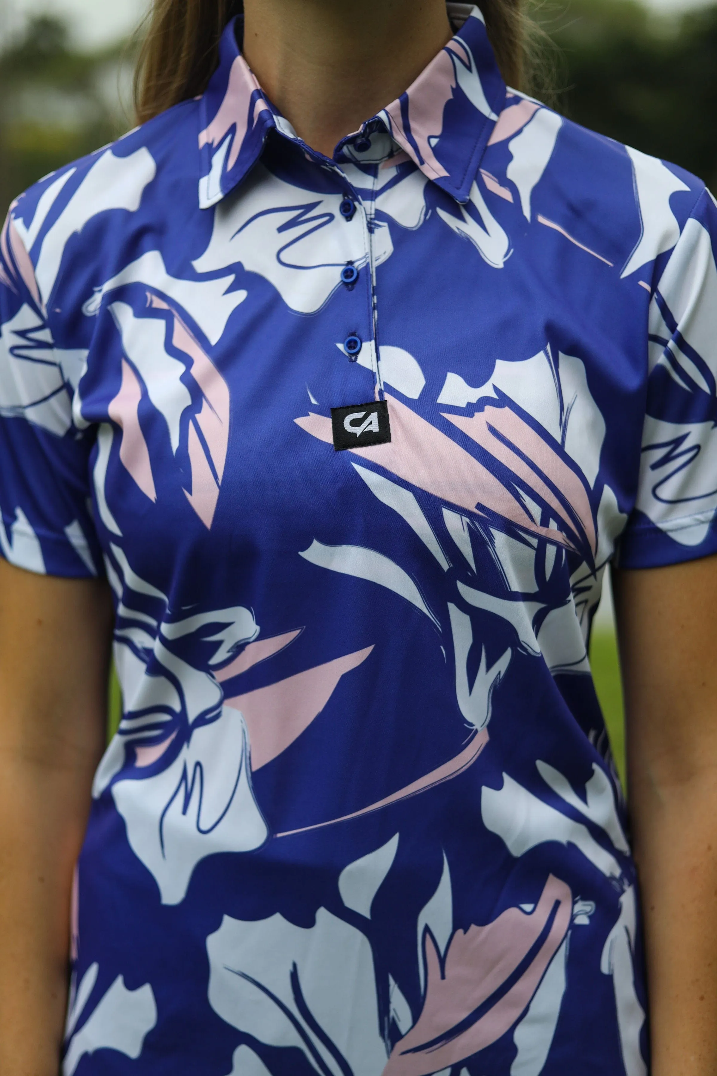 CA Ladies Funky Golf Shirt | Blue & Beige Floral