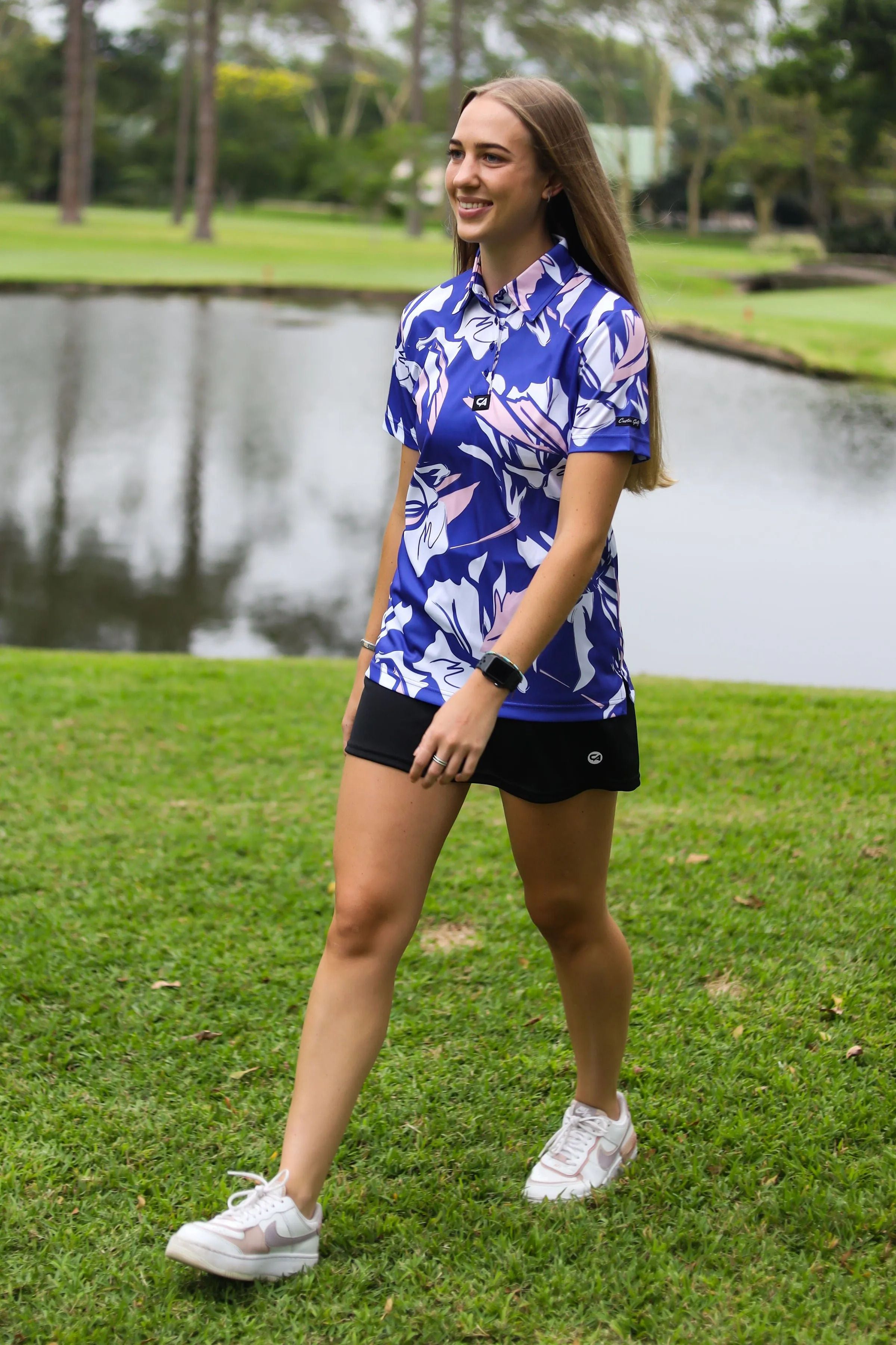 CA Ladies Funky Golf Shirt | Blue & Beige Floral