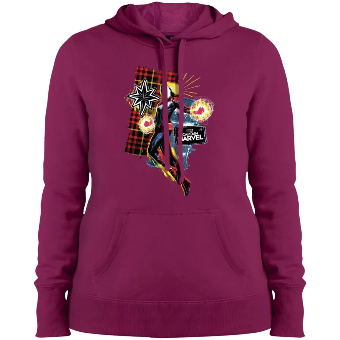 Captain Marvel Plaid Jean Patched Portrait Women Hooded Sweatshirt