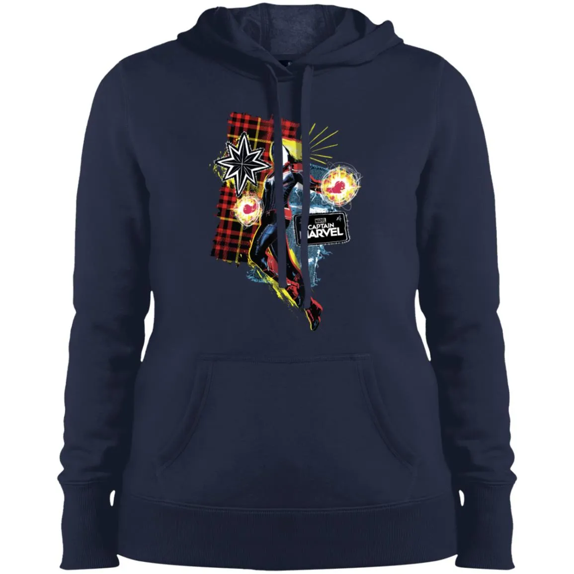 Captain Marvel Plaid Jean Patched Portrait Women Hooded Sweatshirt