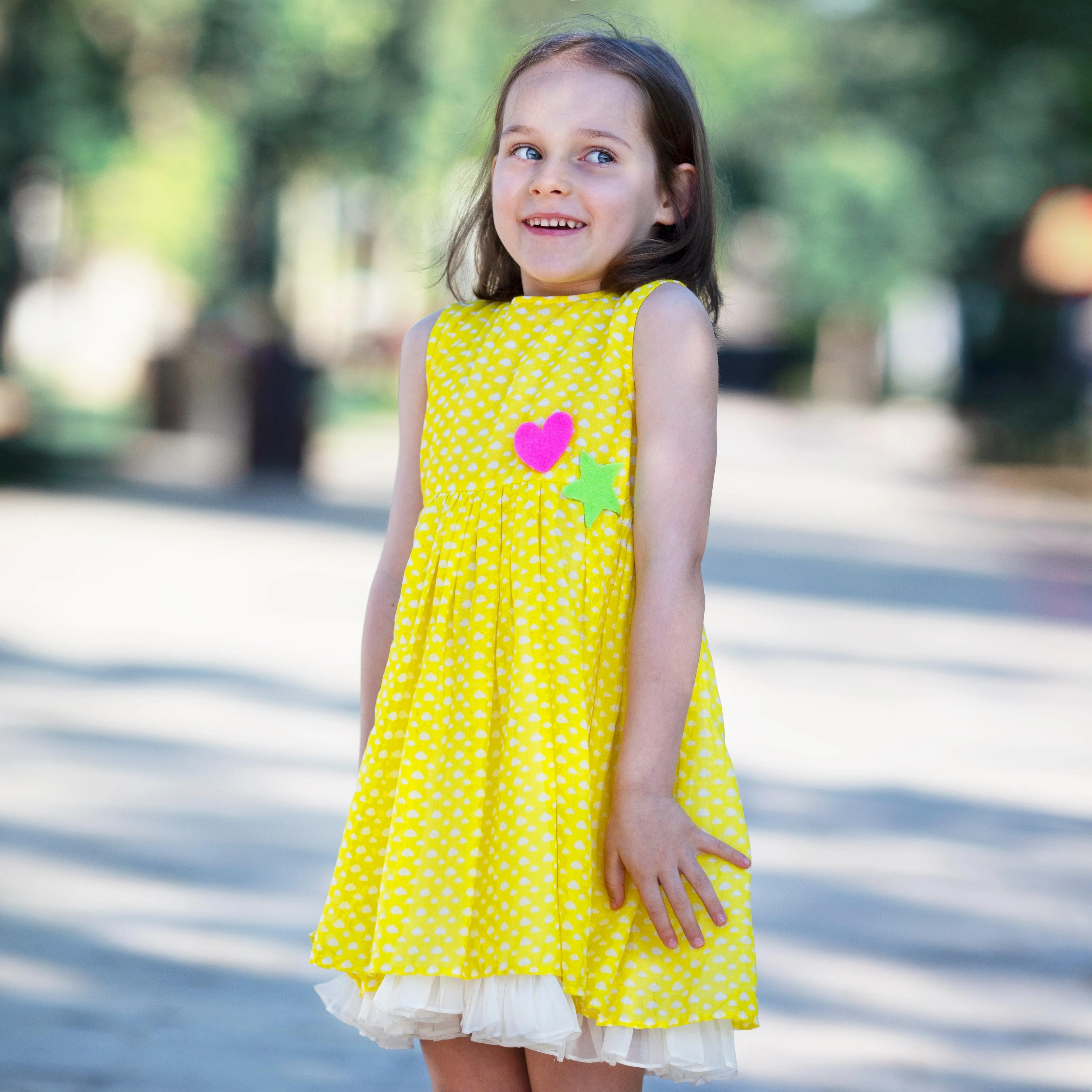 C'est La Vive-  Sleeveless Yellow Dress with Tiny White Clouds Print for Girls