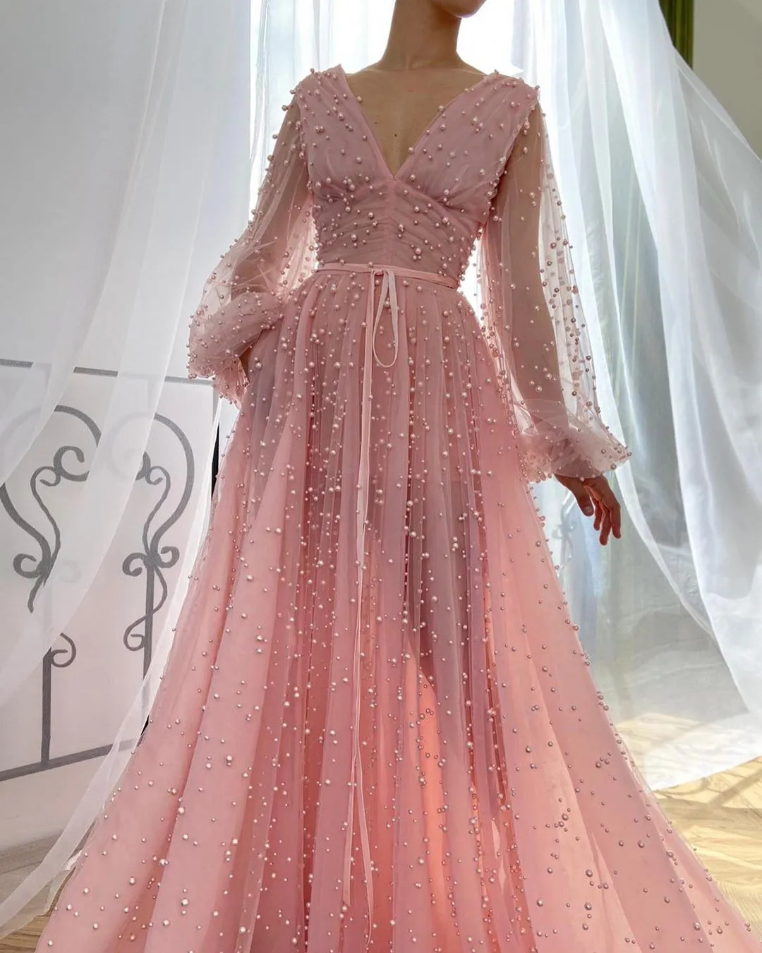 Chic A-line Long Sleeve V Neck Prom Dress Pink Evening Dress ASSD025