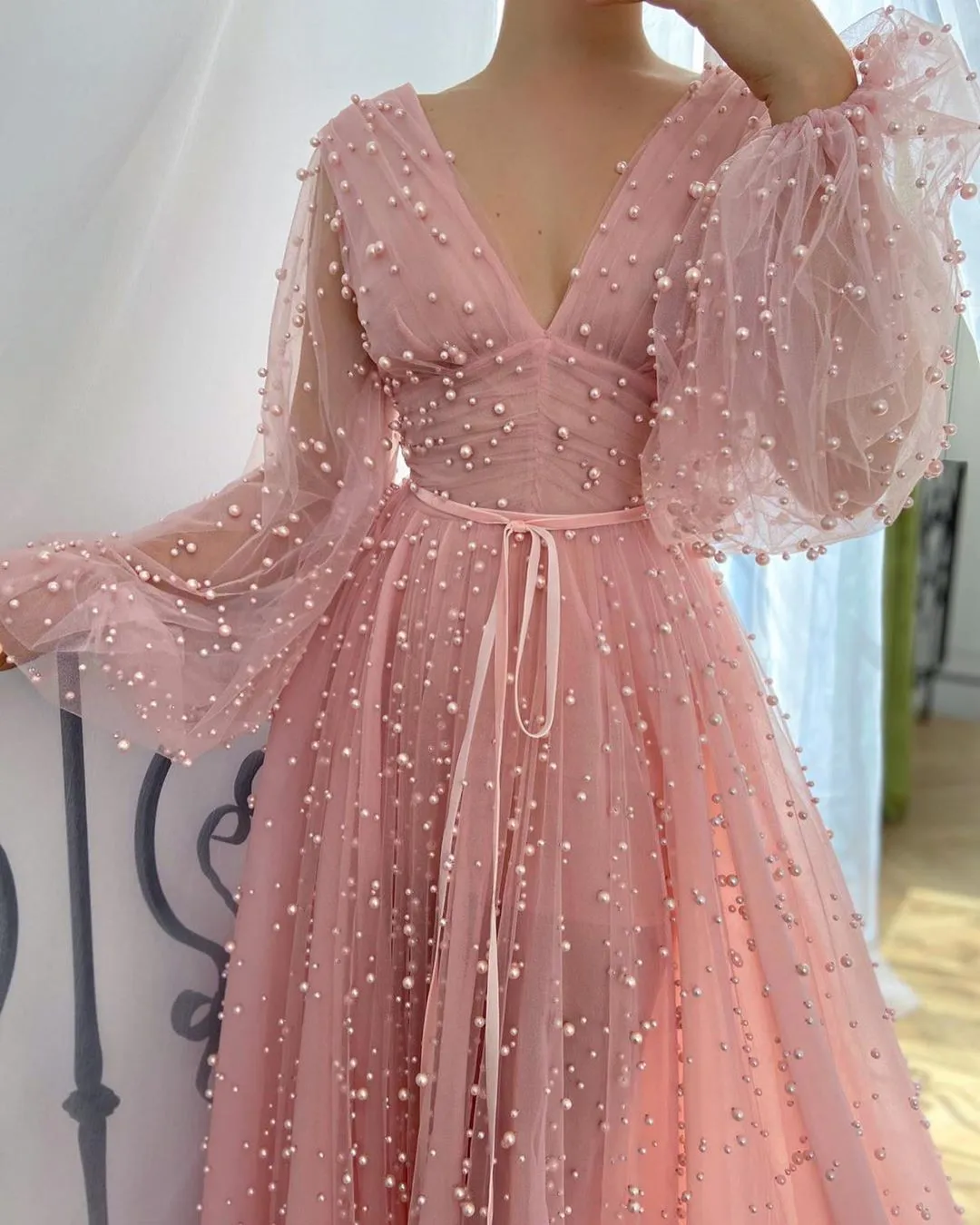 Chic A-line Long Sleeve V Neck Prom Dress Pink Evening Dress ASSD025