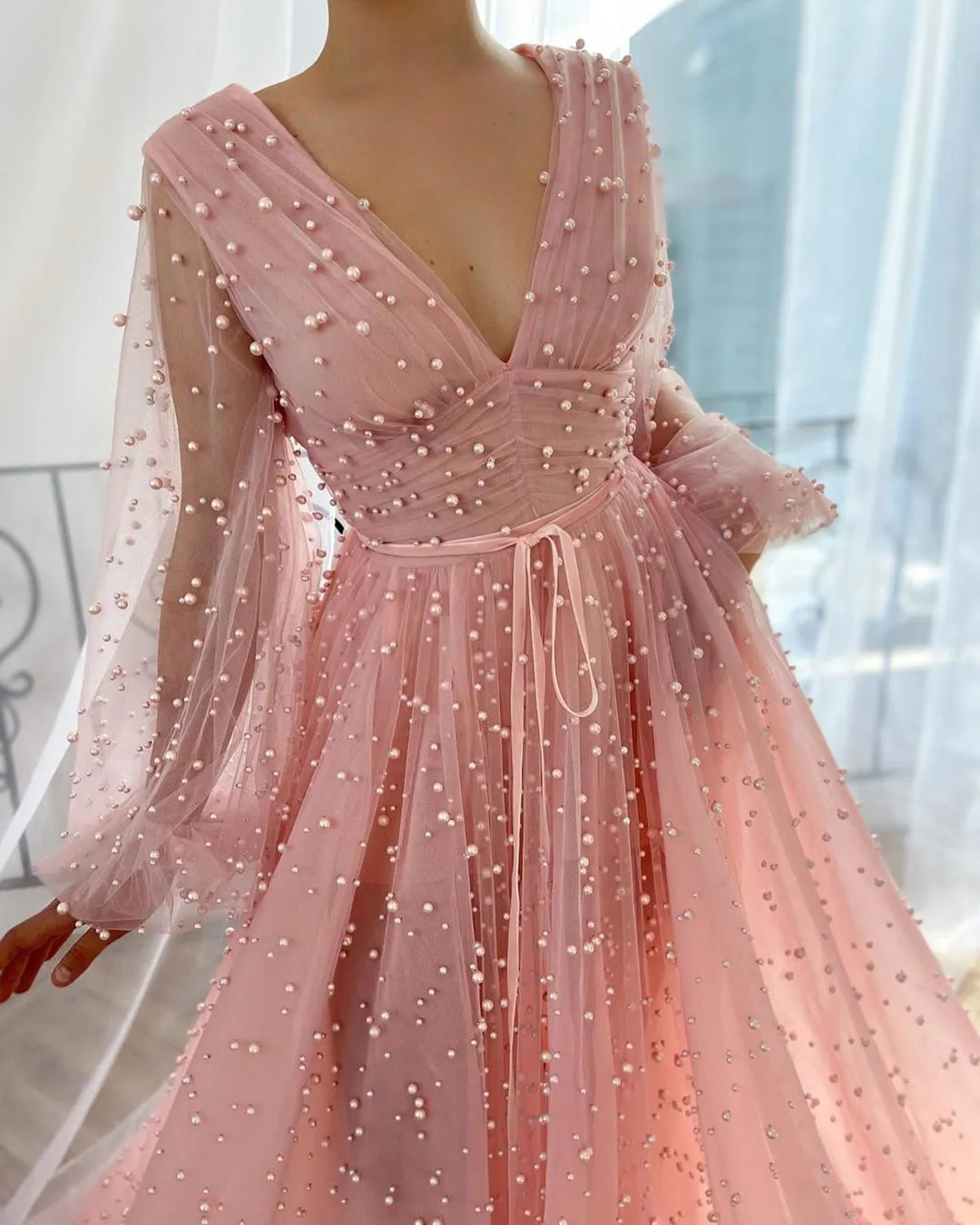 Chic A-line Long Sleeve V Neck Prom Dress Pink Evening Dress ASSD025