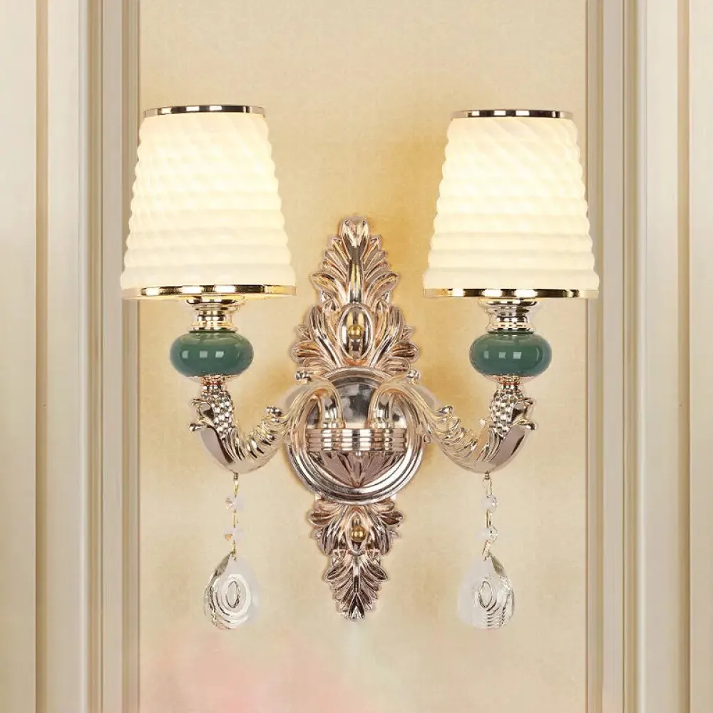 Classic Wall Mount Light with Textured Glass and Hanging Crystal in Gold