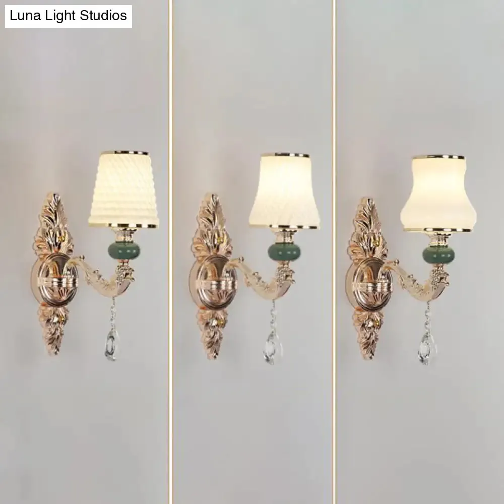 Classic Wall Mount Light with Textured Glass and Hanging Crystal in Gold