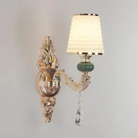 Classic Wall Mount Light with Textured Glass and Hanging Crystal in Gold