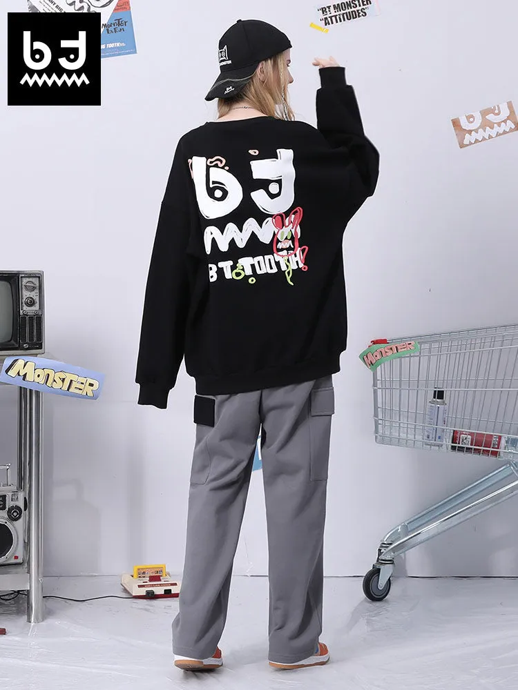 Color contrast patchwork letter print multi-pocket loose straight leg casual sweatpants