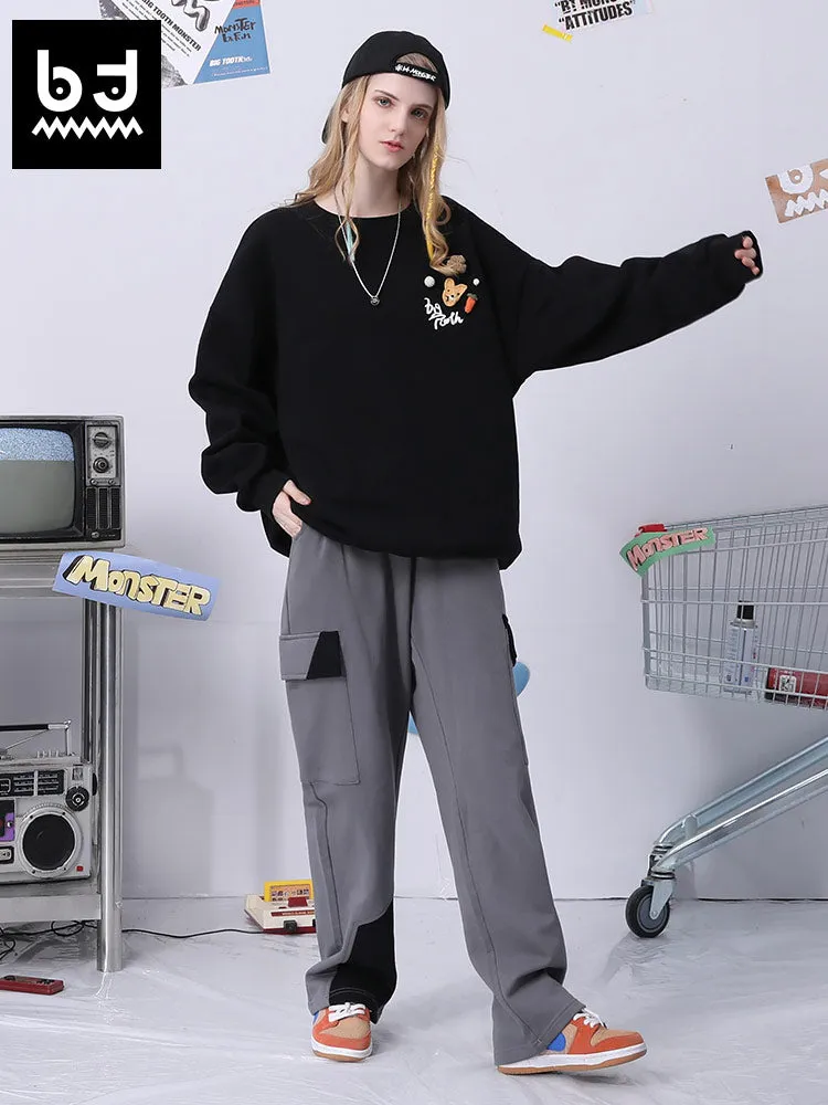 Color contrast patchwork letter print multi-pocket loose straight leg casual sweatpants