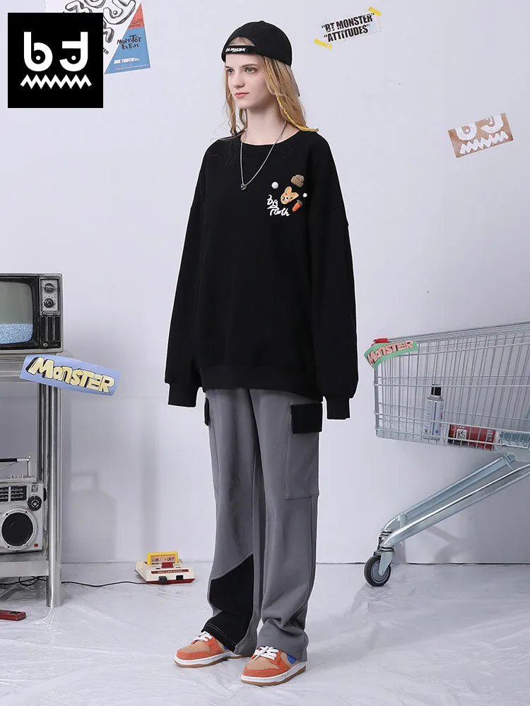 Color contrast patchwork letter print multi-pocket loose straight leg casual sweatpants