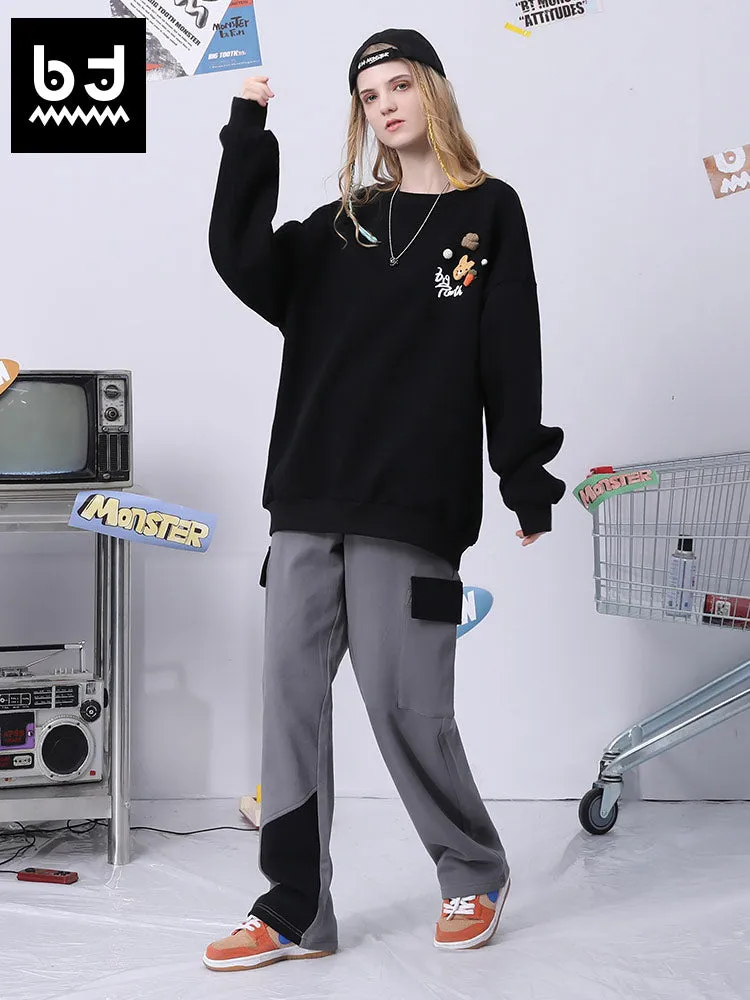 Color contrast patchwork letter print multi-pocket loose straight leg casual sweatpants